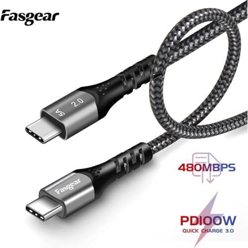 Fasgear 100W 5A USB C To USB Type C Cable PD Fast Charger Cord USB-C Type-c Cable For Xiaomi Samsung MacBook iPad OnePlus Huawei