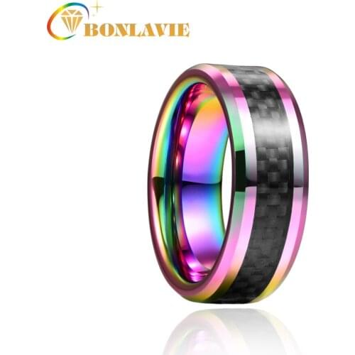 BONLAVIE 8mm Colorful Inlaid Black Carbon Fiber Tungsten Carbide Ring Wedding Band Men Rings Engagement Jewelry