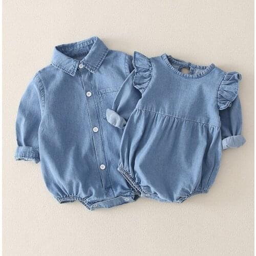 Spring Summer Newborn Infant Baby Girls Romper Ruffles Sleeve Baby Boys Soft Denim Romper Playsuits Outfits Jumpsuit