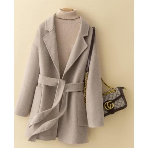 Female Fashion Belt Big Pocket Black Red Outerwear Autumn Winter Coat Womens Cashmere Double-Sided Overcoat Korean Wool Jacket