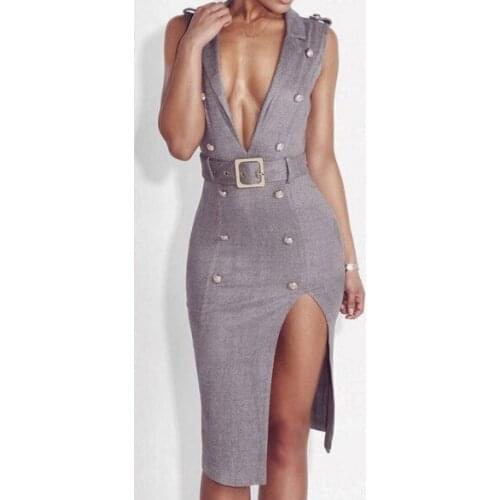 Hot sale fashion sexy women dress white grey khaki brown deep v-neck sashes sheath cotton celebrity evening club summer dresses