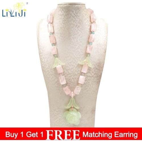 LiiJi Unique Natural Rose quartzs New Jades Carved Rose flower Pendant Cute Handmade Knitting Necklace For Women Fashion Jewelry