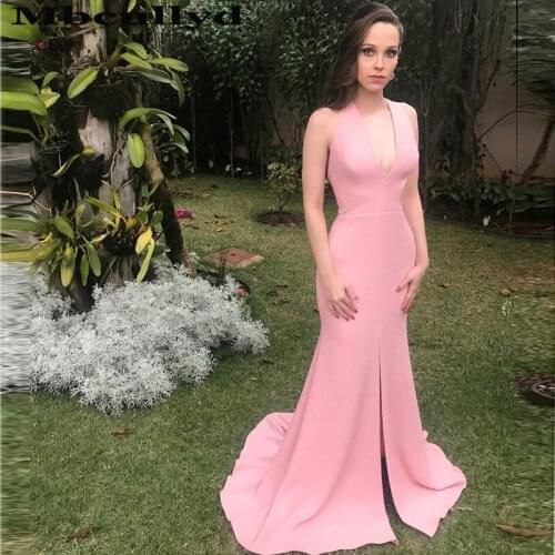 Mbcullyd Modest Pink Mermaid Evening Dress Long 2020 Sexy V-neck Formal Women Dresses Prom Party Plus Size Vestidos De Fiesta