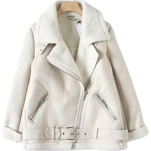 Fur Long Sleeved Loose Belt Warm Womens Jacket Lamb Wool Winter Thickened Locomotive Lapel Female Coat Beige Black Chic PU Tops