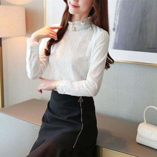 Korean Fashion Clothing 2021 Women Long Sleeve Shirts For Women Tops Solid Beading Stabd Chiffon Blouse White Plus Size 7371 50