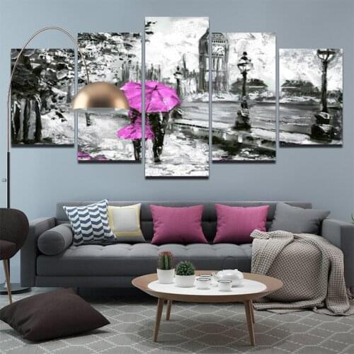 Fashion Hot Sale Wall Painting Lovers Gray Landscape Pink Umbrella Color Contrast Canvas Printing Frameless Decorative Poster