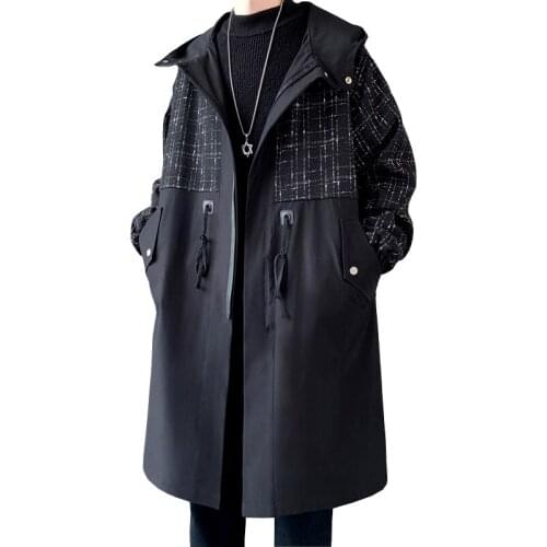 Hooded Men Trench Coat Business Windbreakers Black Long Fashion Autumn Outwear