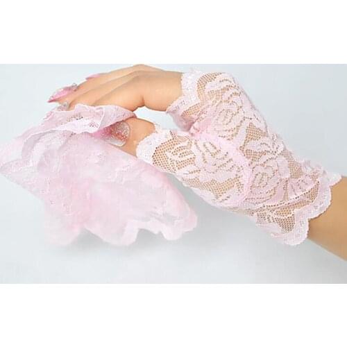 Womens Halloween Gothic Black Lace Wrist Cuffs Bracelets Bowknot Fingerless Gloves Sunscreen Rhinestone Party Fashion Adult