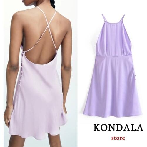 KONDALA Za Summer Silk Sexy Dress Women Backless Tie Up Mini Dresses Female Chic Violet Cami Dress Streetwear Mujer Vestidos
