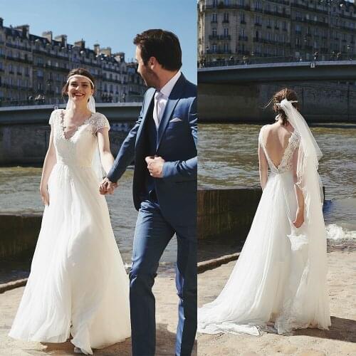 Beach Wedding Dresses Boho A Line Appliqued V Neck Short Sleeves Robes De Mariée Country Bridal Gowns Bohemian Wedding Dress