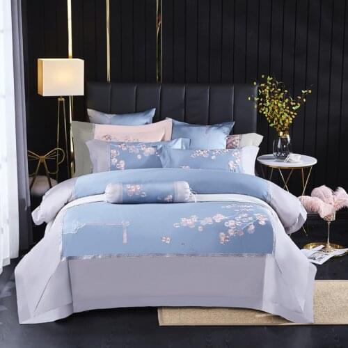 100% Egyptian Cotton Bedding Queen King size 4Pcs Cherry blossoms pattern blue color Duvet Cover Bed sheet Pillow shams