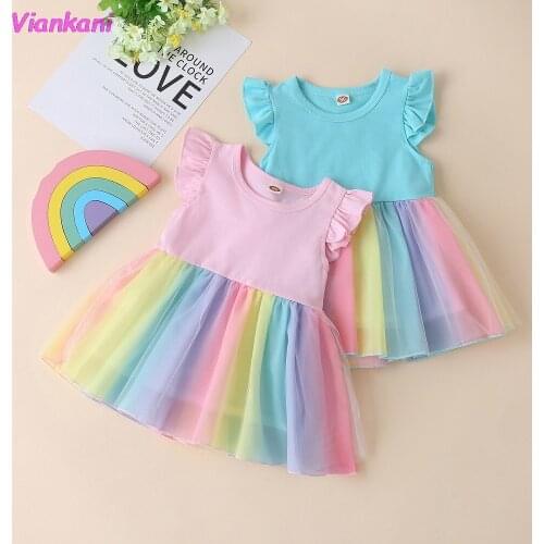 Rainbow Tulle Dresses Girls Sleeveless Multicolor Birthday Ruffle Girls 2021 Summer Dress Princess Girls Clothing 1 2 3 4 Years
