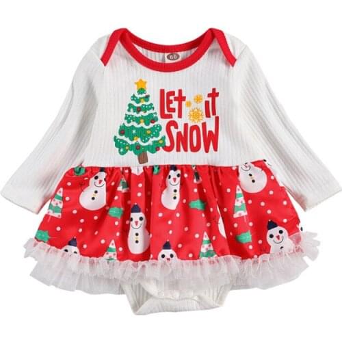Toddler Baby Girls Christmas Printed Romper Long Sleeve Santa Snowman Lace Ruffles Patchwork Dress Romper