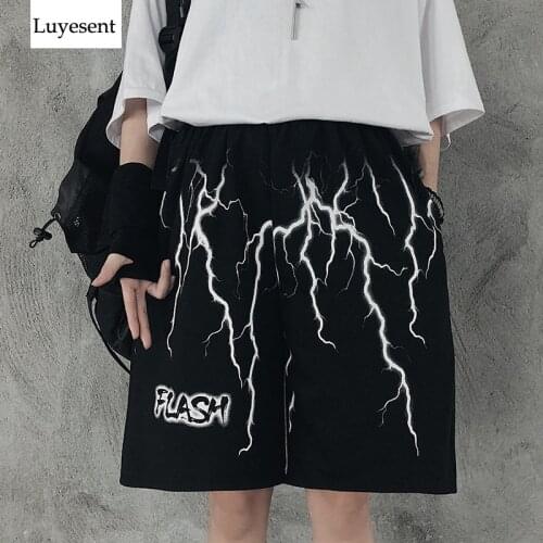 Harajuku Unisex Thunder Letter Printed Short Pants 2021 Hipster Cool Elastic Waist Streetwear Women Man Knee Length Trousers