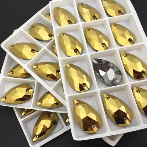 Gold Hematite Color Teardrop Sew On Rhinestones Droplet Sewing Glass Crystals 7x12mm,11x18mm,13x22mm,16x25mm,17x28mm,22x38mm