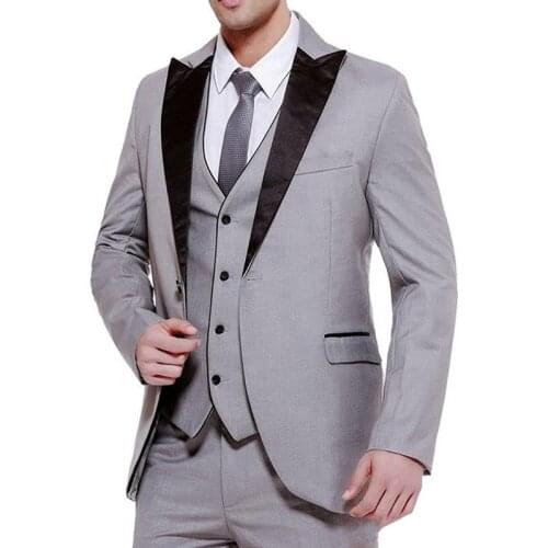Stylish Design One Button Light Grey Groom Tuxedos Groomsmen Peak Lapel Mens Suits Blazers (Jacket+Pants+Vest+Tie) W:1114