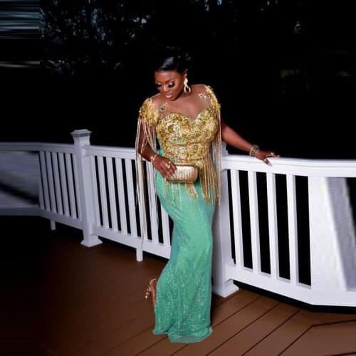 Aso Ebi Green Mermaid Evening Dresses With Beads Appliques Tassels Plus Size Prom Dress Sheer Neckline vestidos de fiesta