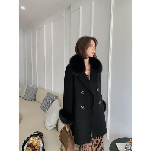 Natural Fox Fur Collar Cashmere Wool Blends Midi Outerwear 2021 Winter Jacket Female Coat Streetwear