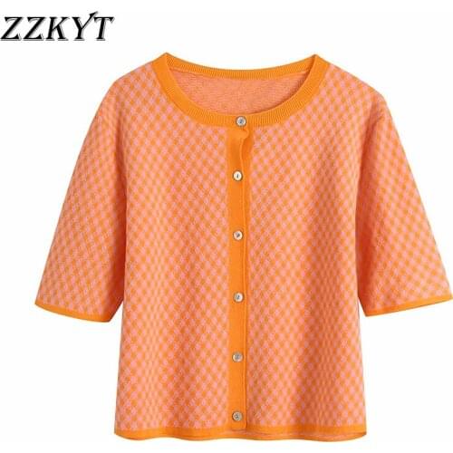 ZZKYT 2021 Women Summer Vintage Plaid Knit Short Jacket Coat Fashion O-Neck Short Sleeve Single Breasted Outerwear Casual Tops