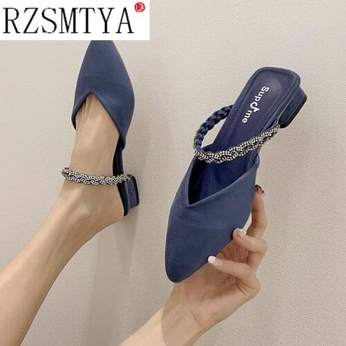 Women Shoe Fashion Crystal Slippers Shallow Embroidery Low Heel Mules Autumn Outdoor Black Slipper Women Slides