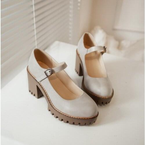 2018 new brand single shoes autumn buckle art high heels round head Mary Jane shoes thick-soled womens shoes