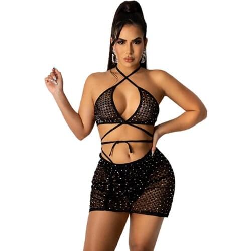 2021 Summer Women Sexy 2 Piece Set Bling Rhinestones Sheer Mesh Ruched Top and Mini Skirts Club Outfits Female Fashion Clothing