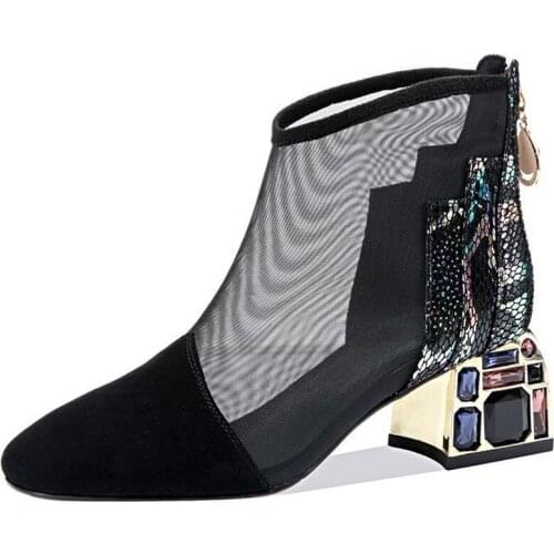 2021 NEW Mesh Sandals Boots Women Mesh Ankle Boot for Summer Mid Heel Rhinestone Ponited toe Shoes Hollow out Back Zip Black