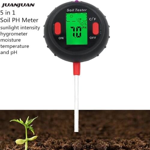 Soil PH Tester 5 in 1 PH Meter Soil Moisture Monitor LCD Display PH Meters Temp Sunlight Intensity Test Device For Plants 43