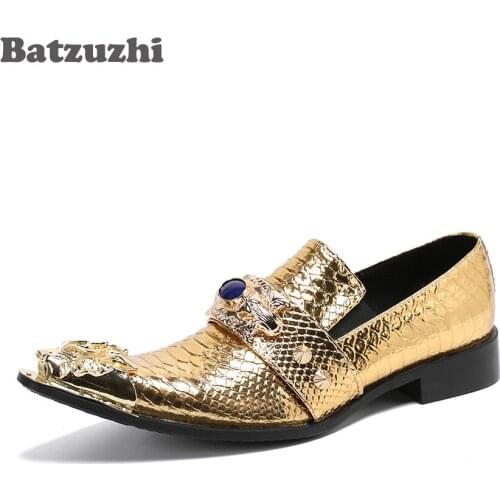 Batzuzhi 2020 New Luxury Genuine Leather Shoes Men Pointed Metal Toe Golden Party and Wedding Footwear Shoes for Men, EU38-46