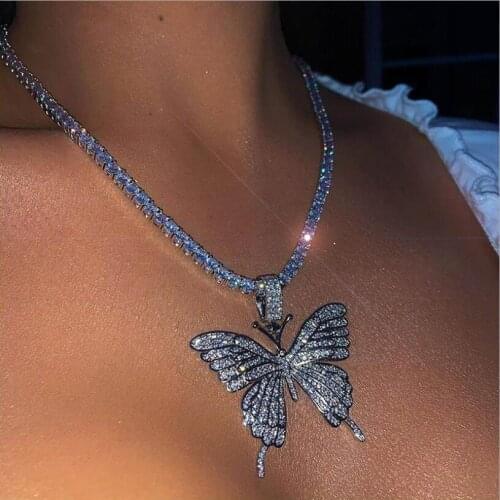 Bling Rhinestone Butterfly Pendant Tennis Chain Choker Necklace for Hip Hop Women Man Crystal Clavicle Chain Collar S1227