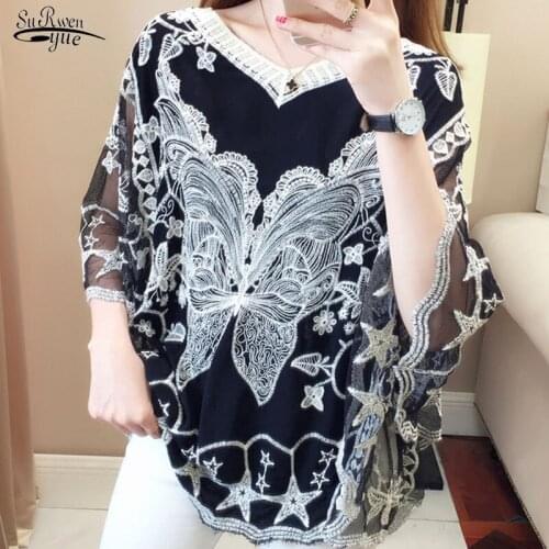 Blusas Loose Lace Womens Tops and Blouses 2021 Fashion Women Shirts Casual Ladies Clothing V-neck Elegant Batwing Sleeve 5463