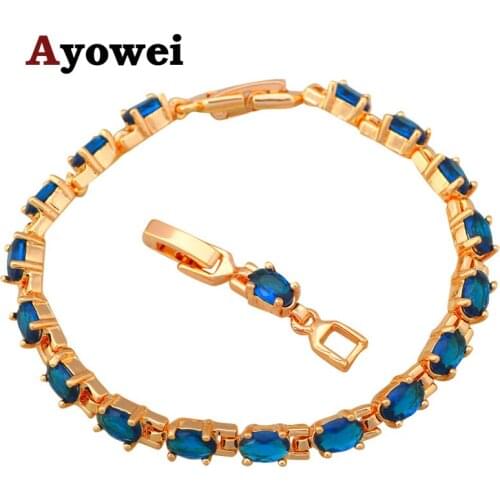 Ayowei 19cm Gorgeous Yellow Gold color Charm Bracelet Valentine Day Gift for ALover Blue Zircon man jewelry TB1143A