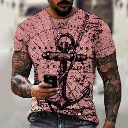 Mens Map Anchor Print T-shirt Casual Oversized T-shirt O-neck Short Sleeve Streetwear Summer Loose Clothes 2021 Byck Brand Tees