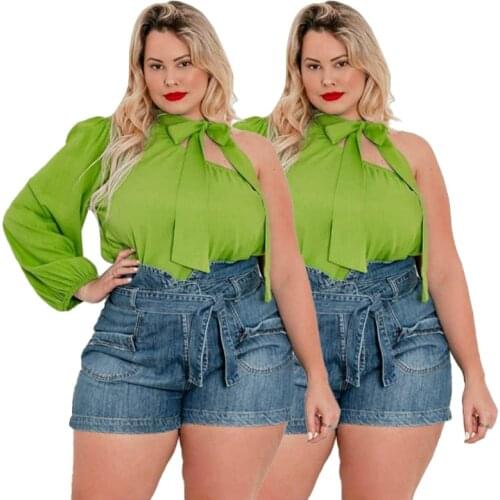 INS Hottest Women Off-the-shoulder Plus Size Tops 2021 Summer New Arrivals Fashion Lantern Sleeve Bowknot Solid Color T-shirts