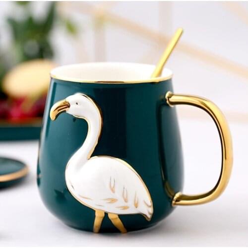Exquisite Long-Legged Bird Embossed Ceramic Mug Dark Green Red Coffee Cup