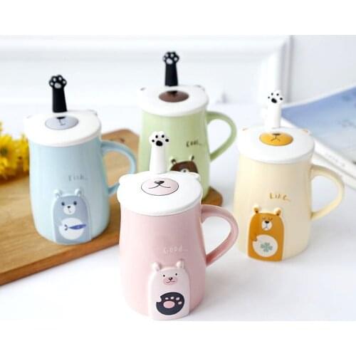 300ml-400ml Cute Bear Mugs Coffee Milk Lovers Bottle with Lid and Spoon Cartoon Ceramic Office Drinking Cup for Home