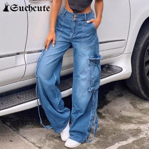 SUCHCUTE Women Baggy Jeans Bule Harajuku Casual Pockets Hight Waist Denim Trousers Korean Fashion Cargo Pants Streetwear 2021