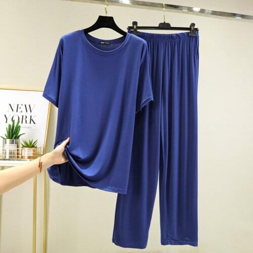 Spring and autumn mens modal pajamas summer short-sleeved trousers casual suit half-sleeved wide-leg pants can be worn outside