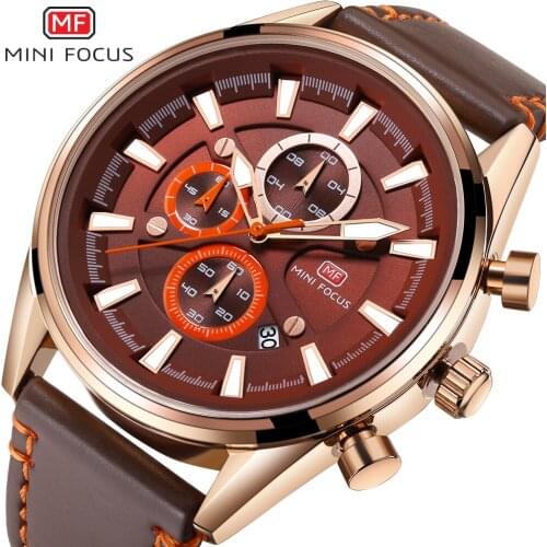 MINI FOCUS 2019 New Fashion Brown Quartz Watch Men Chronograph Multifunction 3 Sub-dial 6 Hands Calendar Mens Watches Top Luxury