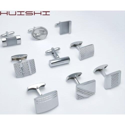 HUISHI High Quality Luxury Hot Sales Copper Alloy Cufflinks Men Silver Color Glossy And Cat Eye Drill Cuff links For Mens Gift