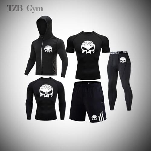Mens Brand Training Jogging Fitness Gym Running Suit Sweat Wicking Tight Rashguard Quick Drying Sports Suit T-Shirt Outdoor
