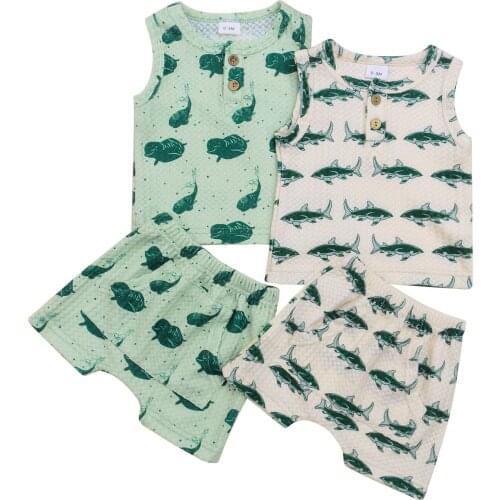 New Baby Turtle/Fish Print Clothes Set, Sleeveless O-neck Vest + Elastic Waist Shorts with Pocket