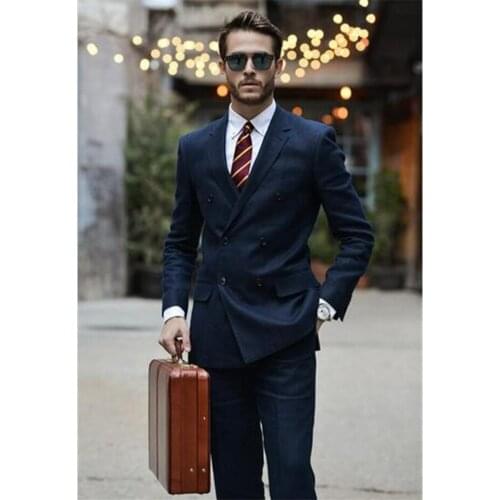New Navy Blue Double Breasted Men Suit 2Pieces(Jacket+Pants) Custom Made Slim Fit Mens Suits Classic Stylish Tuxedo Blazer