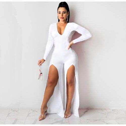 Autumn Clothing Black White Jumpsuit Women Split Long-sleeve Sexy Bodysuit One Piece Club Outfit Lounge Streetwear Wholesale
