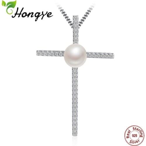 Hongye 100% 925 Sterling Silver Real Pearl Necklace Natural Freshwater Pearl Pendant Jewelry Cross for Women Party Wedding Gift