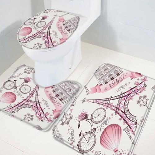 Paris Eiffel Tower Bicycle Flowers Bath Mat Set Toilet Seat Cover Rug Anti-Slip Bathroom Rugs and Mat Set Doormats Decor