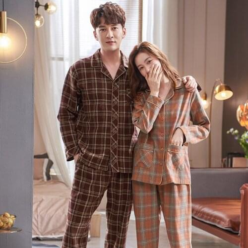 Lovers Woven Full Cotton Pajamas Cardigan Plaid Pajama Sets Sleepwear Long Sleeve Tops + Pants Pajamas Home Clothing Pyjamas