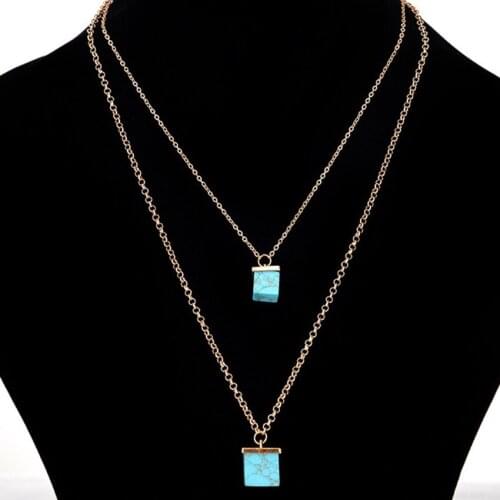 Light Yellow Gold Color Layer Square Shape Green Turquoises Pendant Link Chain Necklace White Howlite Stone Jewelry