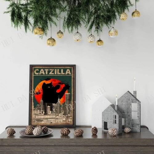 Catzilla Poster, Black cat print, Japanese style poster, Cat print, Cat lover gift, Japanese Cat poster, Signs for Home