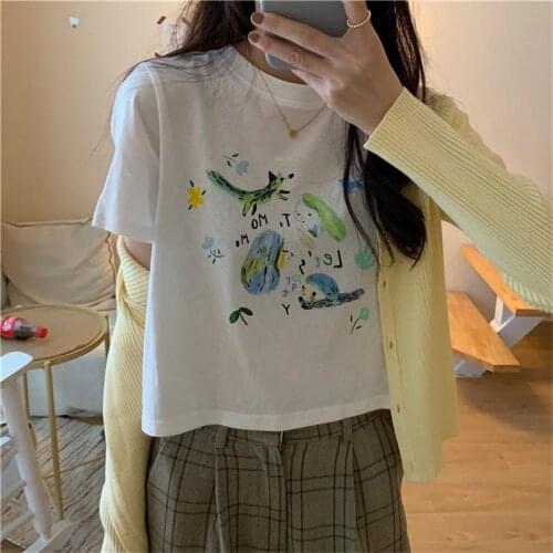 Casual Loose Vintage Flower Print T-shirt Womens T-shirts Tops Japanese Kawaii Ulzzang Female Korean Harajuku Clothes For Women